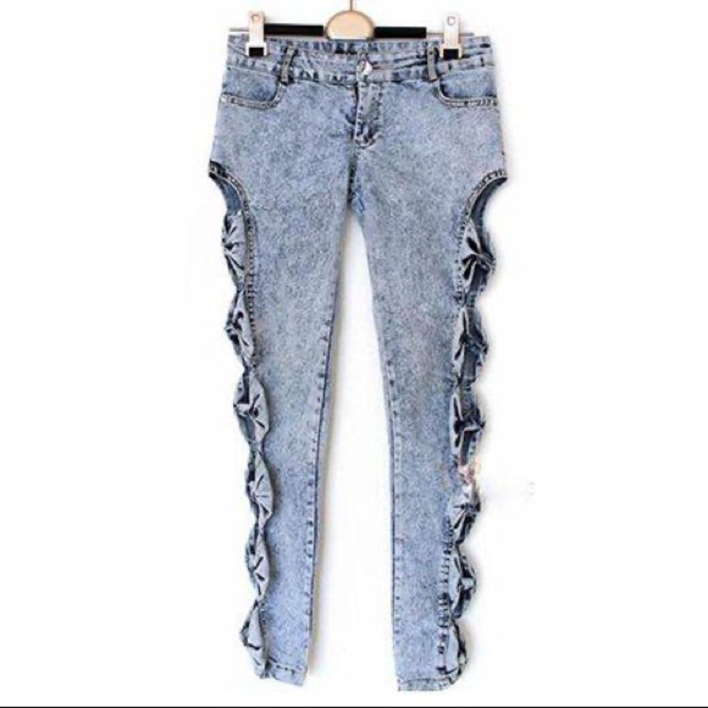 BOOHOO Lilly Bow Side Denim Acid-Wash Skinny Jeans, Sz. 3-4